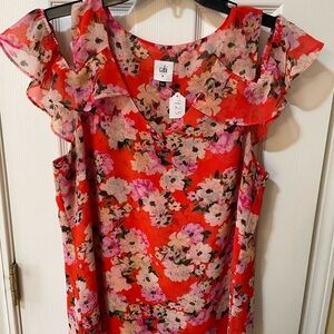 Cabi Size M Red Floral Ruffle Sleeve Blouse Sheer Romantic Top 🌸
